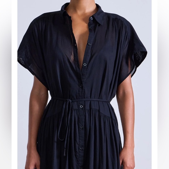 NWT Apiece Apart Black Cotton Voile Light weight Belted Midi Dress - Picture 5 of 7